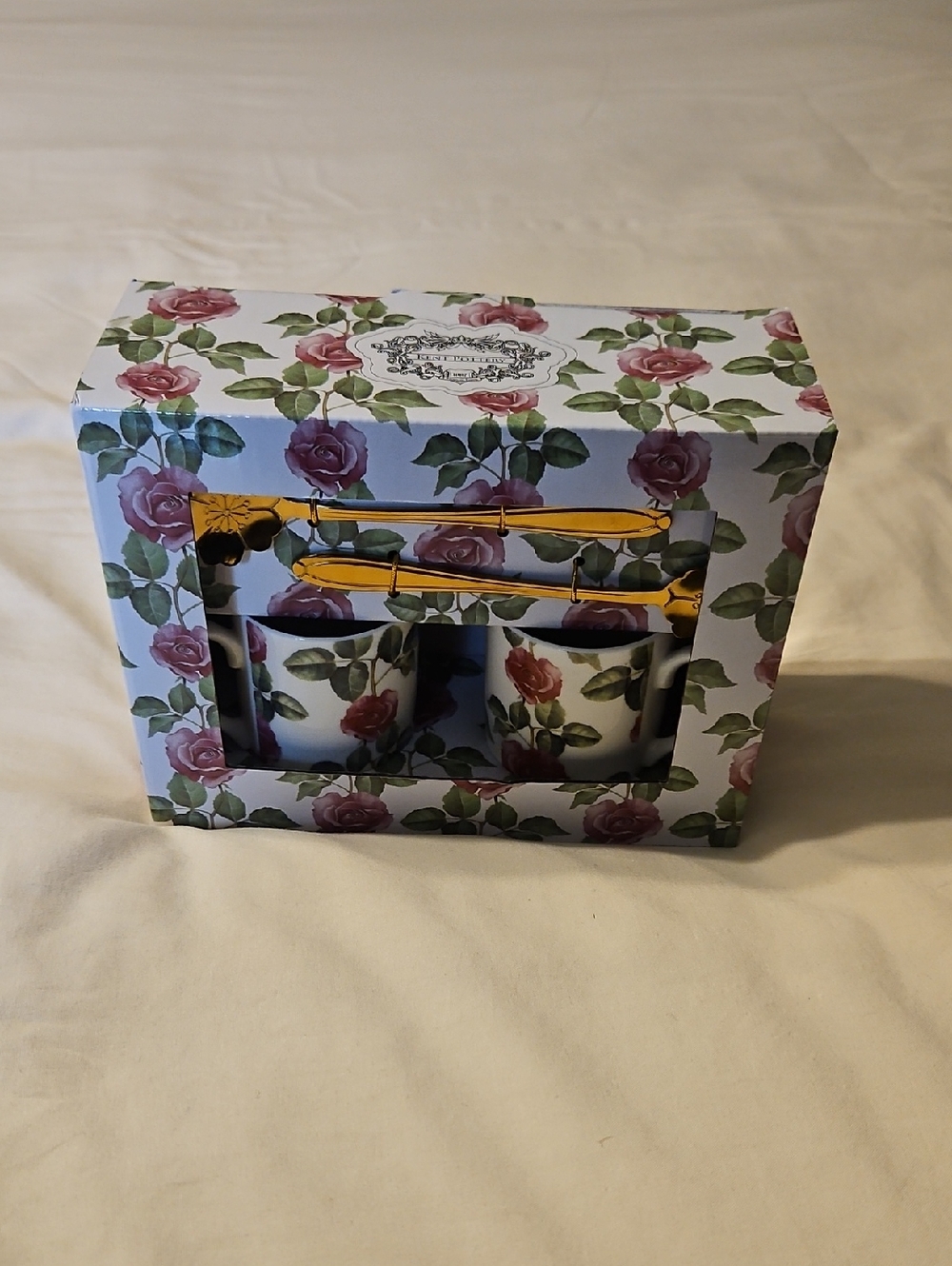Floral Rose Porcelain Salt & Pepper Shaker Set with Gold Spoons
